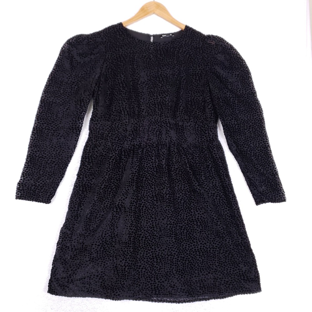 Express Velvet Polka Dot Dress Womens L Puff Sleeve Black Burnout Cocktail LBD